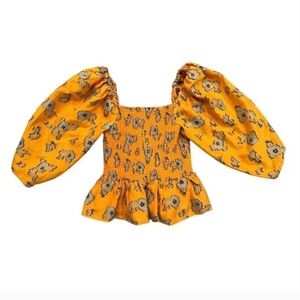 Tanya Taylor Emma Floral Puff Sleeve Smocked Blouse Yellow Sm
